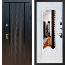 Входная металлическая дверь с зеркалом RеX (РЕКС) 25 кварц черный, фурнитура хром/ ФЛЗ 147 Белый ясень