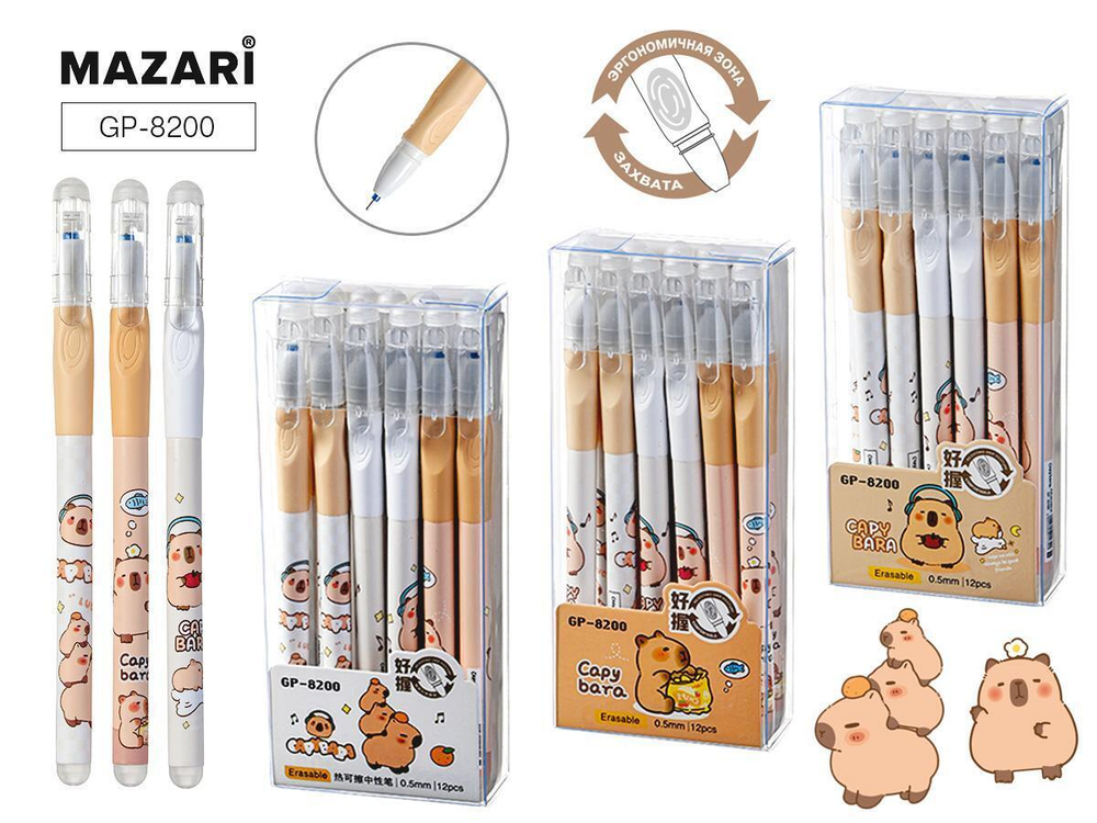 Ручка гель пиши-стирай 0.5мм. "Капибара" синяя, трехгран. грипп, термочувств.чернила, корп. софт-тач