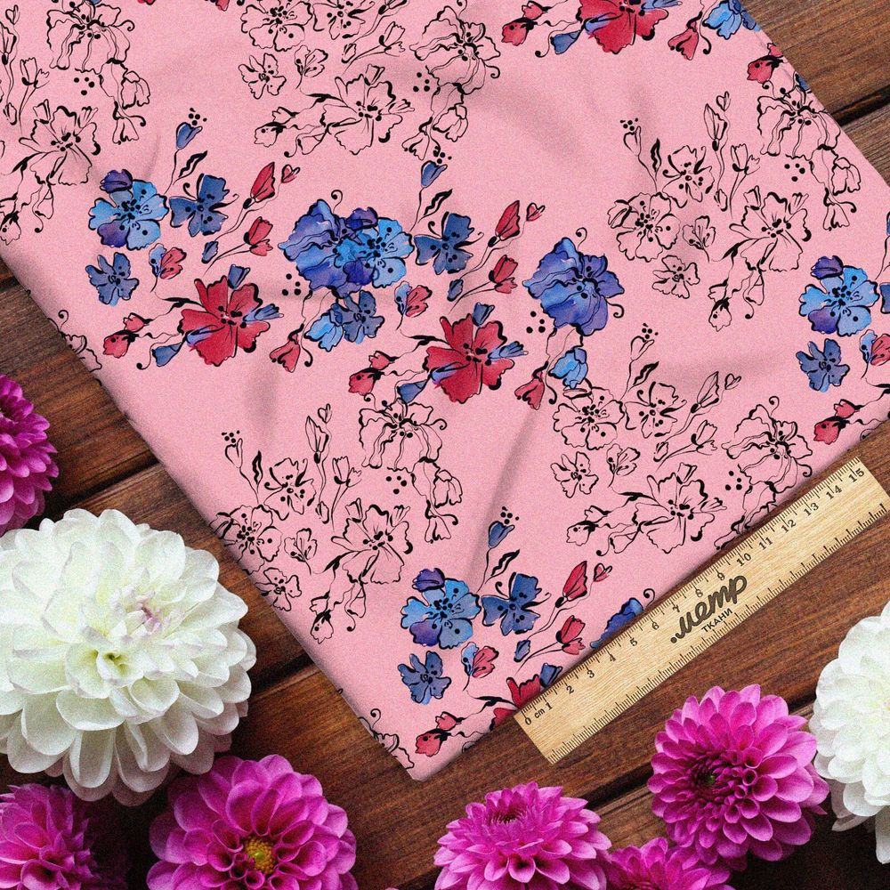 Ткань бифлекс красные и синие цветы