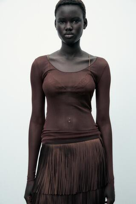 ZARA ФУТБОЛКА ИЗ 100% ШЕЛКА, КОРИЧНЕВЫЙ