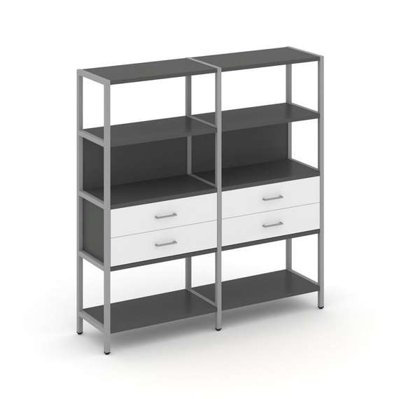 Shelf System Двухсекционный стеллаж четырехярусный с ящиками SN.STM-422 Антрацит/Белый/Металл Серый