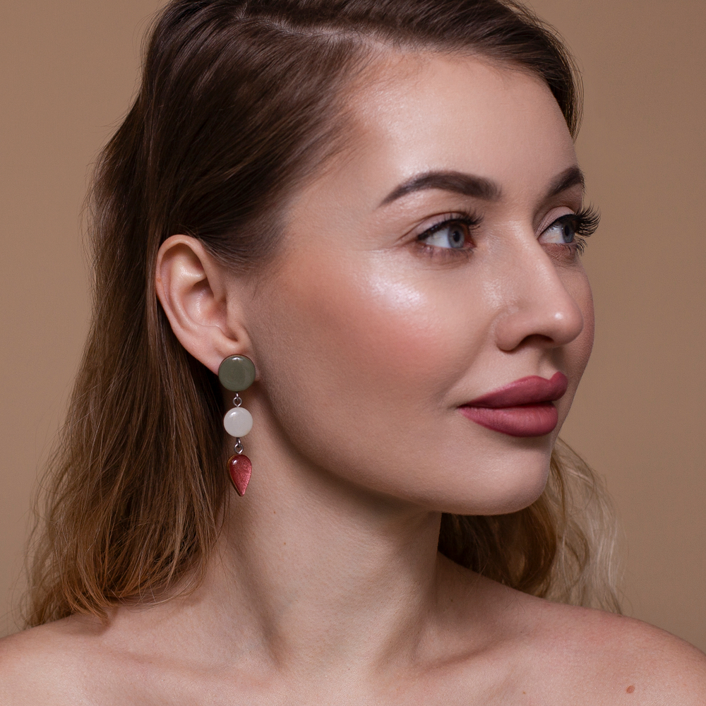 Серьги - Капель Асимметрия Мини - Хаки и Розовое Шампанское