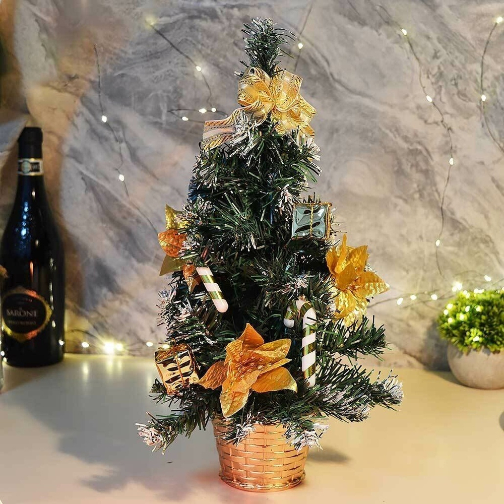 Елка настольная 40см в золотистой корзинке, с украшениями, МВ-19В1604M