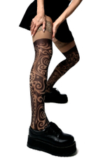 Черно-бежевые чулки с принтом в виде завитков (Размер: S-M-L) (Цвет: бежевый)