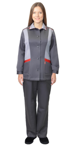 Костюм ЗОЛУШКА женский, куртка, брюки, темно-серый со светло-серым и красной отделкой