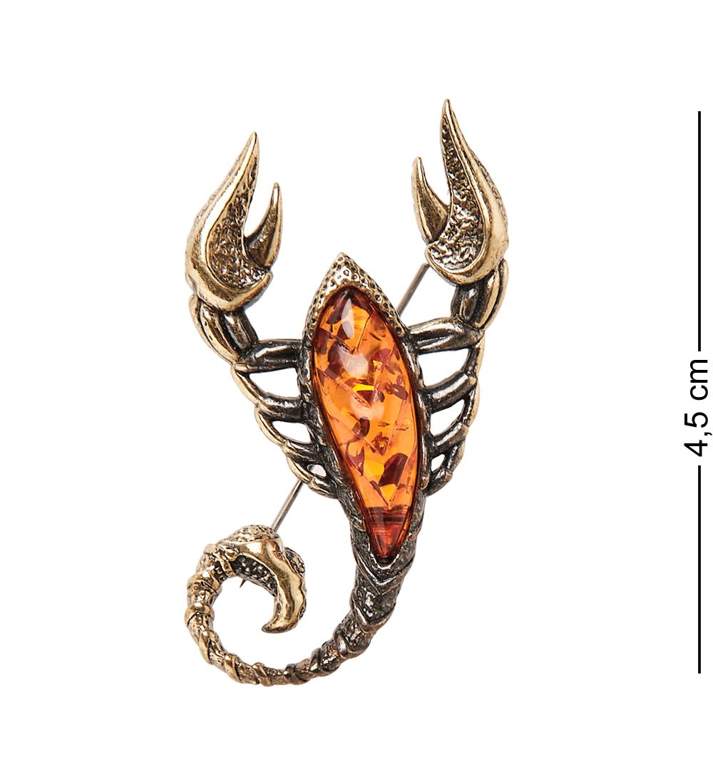 AM-2388 Брошь «Египетский Скорпион» (латунь, янтарь)