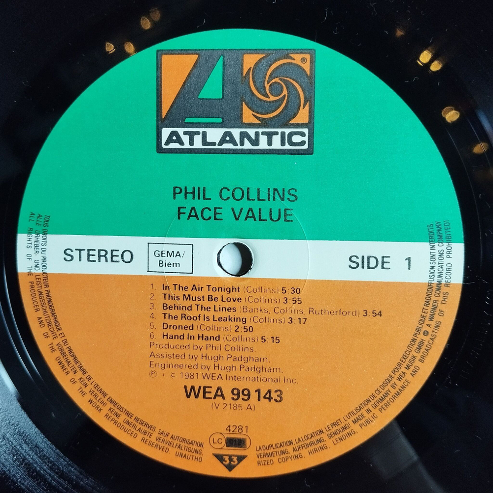 Винтажная виниловая пластинка LP Phil Collins Face Value (Germany 1981) In The Air Tonight