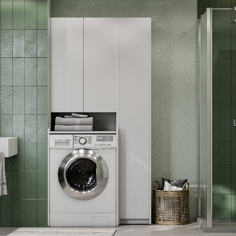 фото в интерьере Шкаф пенал Акватон Лондри 60 1A260503LH010 над стиральной машиной Белый глянец