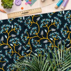 Ткань дюспо голубые цветы на золотых стеблях