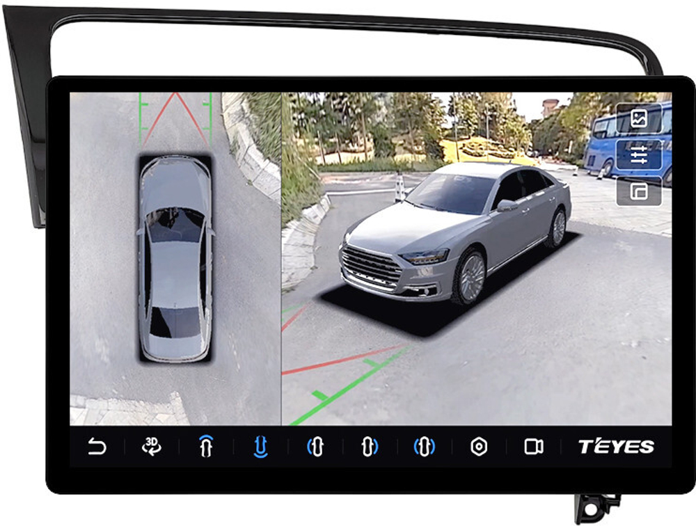 Магнитола для Volkswagen Golf 7 2012-2020 (рамка черный глянец) - Teyes CC3-2K-360 монитор 13" 2K QLED на Android 10, 6Гб+128Гб, CarPlay, 4G SIM-слот, 4 камеры в комплекте