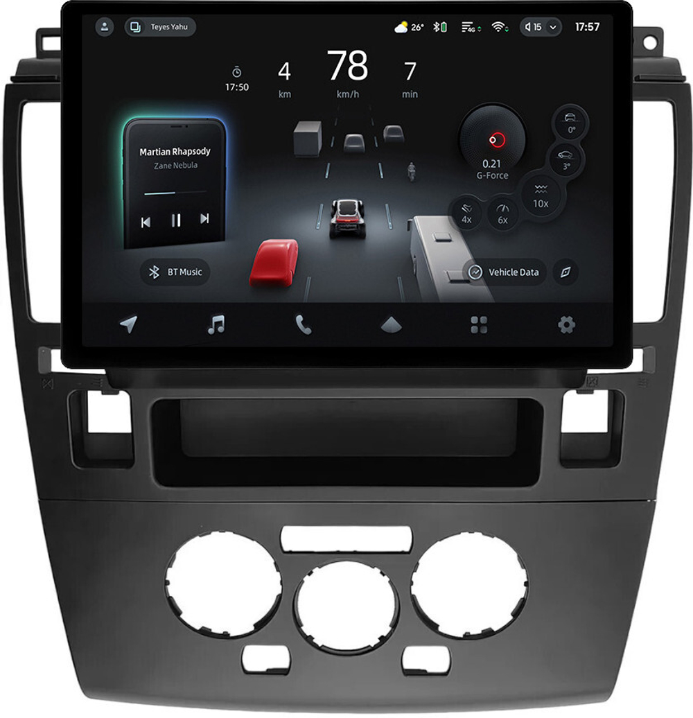 Магнитола для Nissan Tiida C11 2004-2013 (климат с круглым экранчиком, рамка черная) - Teyes CC4-PRO монитор 13" 2K QLED на Android 13, Snapdragon 778G, 8+128, AI, CarPlay, DSP, 4G SIM-слот