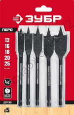 ЗУБР 5 шт, 12-16-18-20-25мм, набор сверл перовых по дереву, хвостовик HEX 1/4″