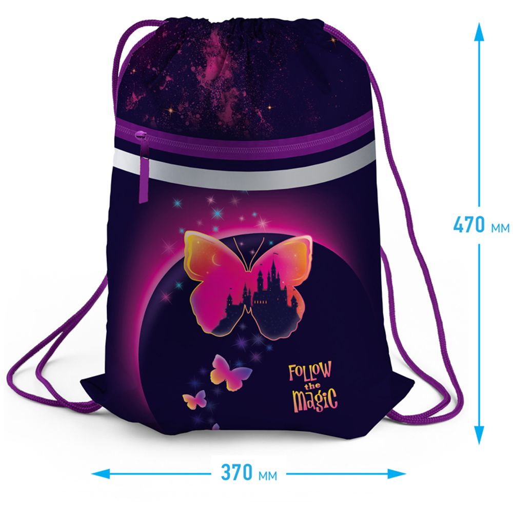 Мешок для обуви 1 отделение Berlingo "Magic butterfly", 460*360мм, светоотражающая лента, карман на молнии