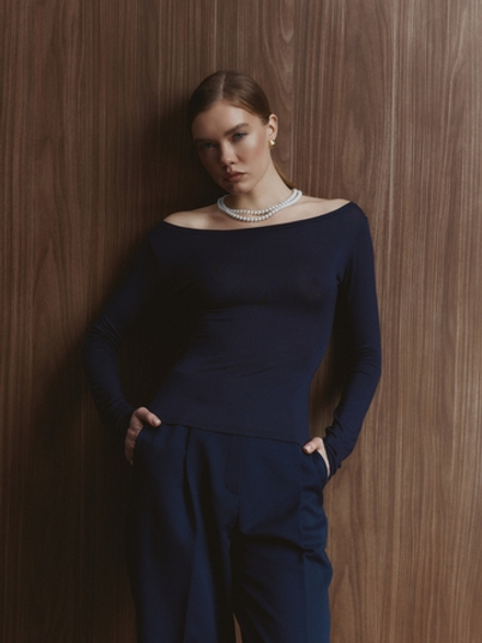 Лонгслив из вискозы, цвет тёмно-синий