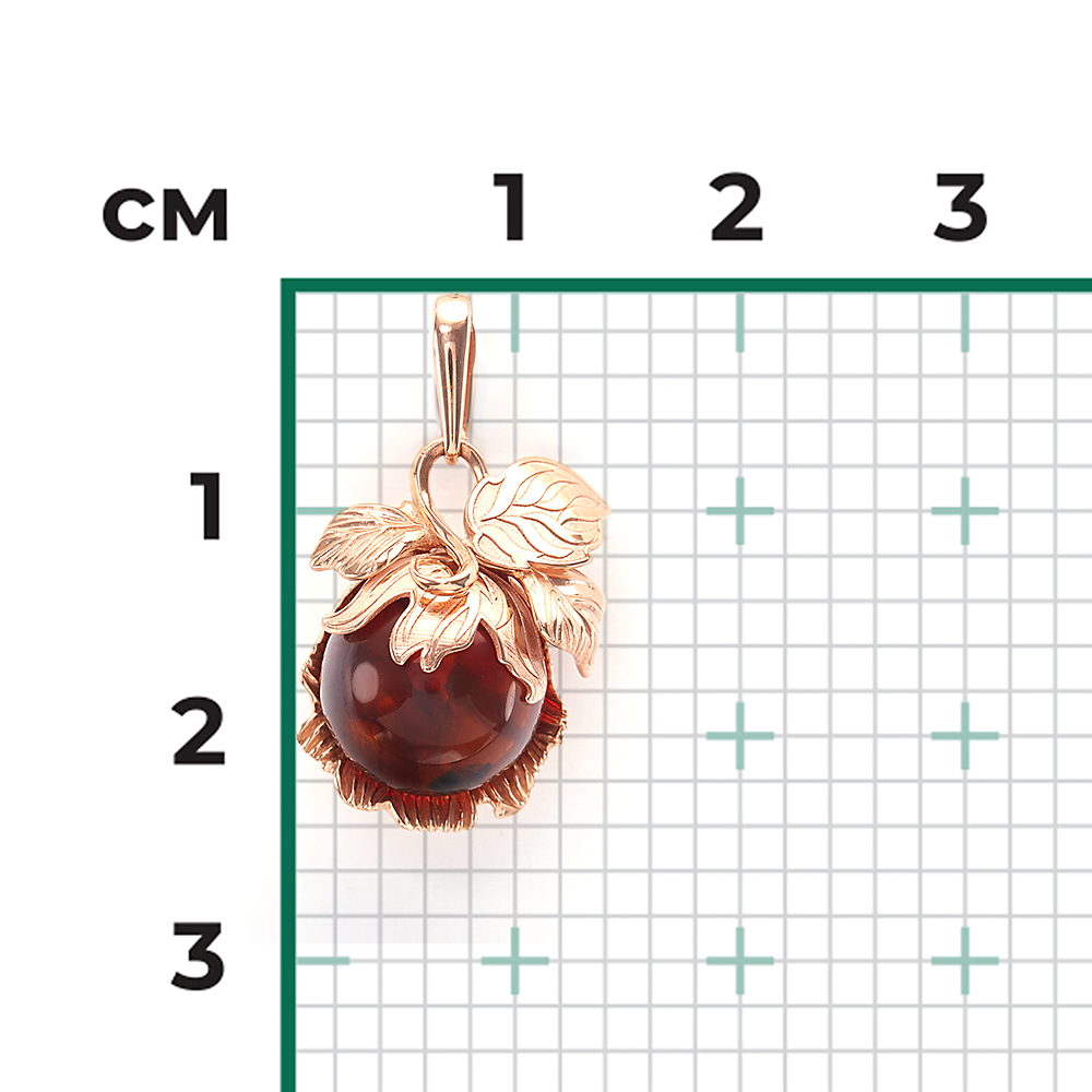 Подвеска «Орех» из красного золота с янтарём