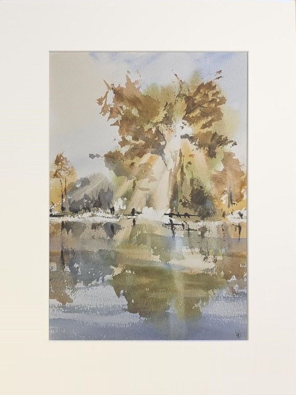 Картина авторская акварельная в паспарту 30х40 см на стену для интерьера "Берег Сетуни. Осень"