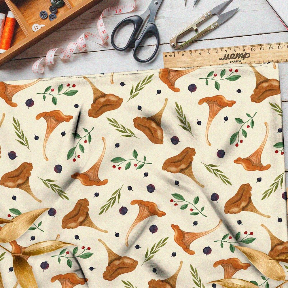 Ткань блэкаут грибы лисички и ягоды