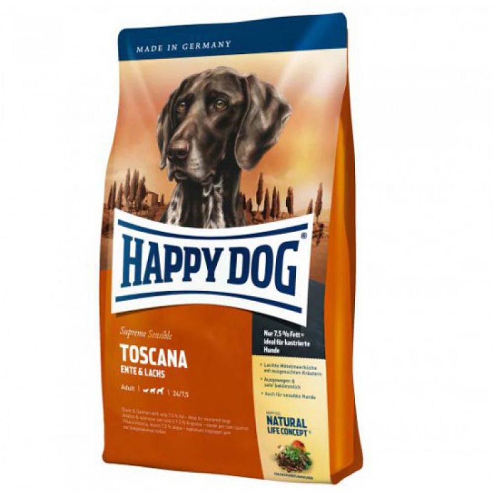 Happy Dog Sensible Toscana -  корм для собак с низкой активностью, кастрированных, пожилым и аллергикам с уткой и лососем