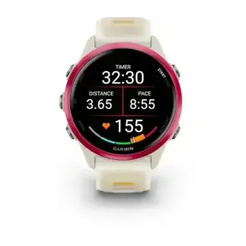 Умные часы Garmin Forerunner 570 - 42 мм Малиновый алюминий с полупрозрачным ремешком цвета слоновая кость/манго