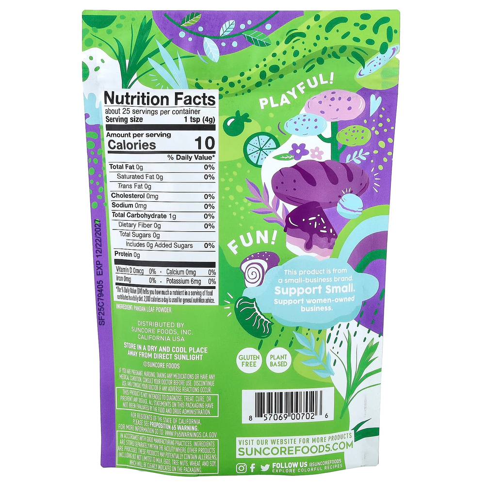 Suncore Foods, изумрудный порошок из листьев пандана, 99 г (3,5 унции)