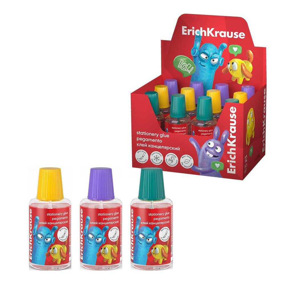 Клей канцелярский с кисточкой 20мл, ассорти &quot;EasyStick. Jolly Friends&quot; (ErichKrause)