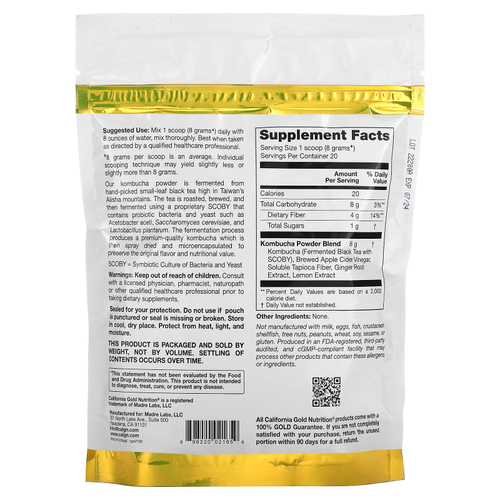 California Gold Nutrition, Superfoods, комбуча в порошке, со вкусом имбиря и лимона, 160 г (5,64 унции)