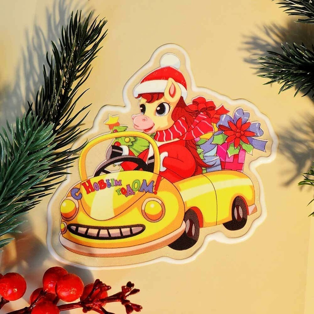 Наклейка на стекло "Лошадка на машине" 15*20см