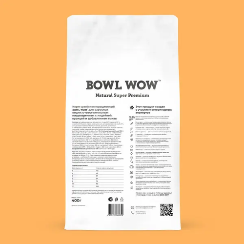 Bowl wow корм сухой для взрослых кошек с чувствительным пищеварением: индейка, курица, тыква