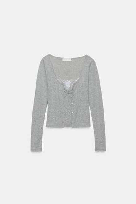 ZARA КАРДИГАН С КОНТРАСТНЫМ КРУЖЕВНЫМ ТОПОМ, СЕРЫЙ МЕЛАНЖ