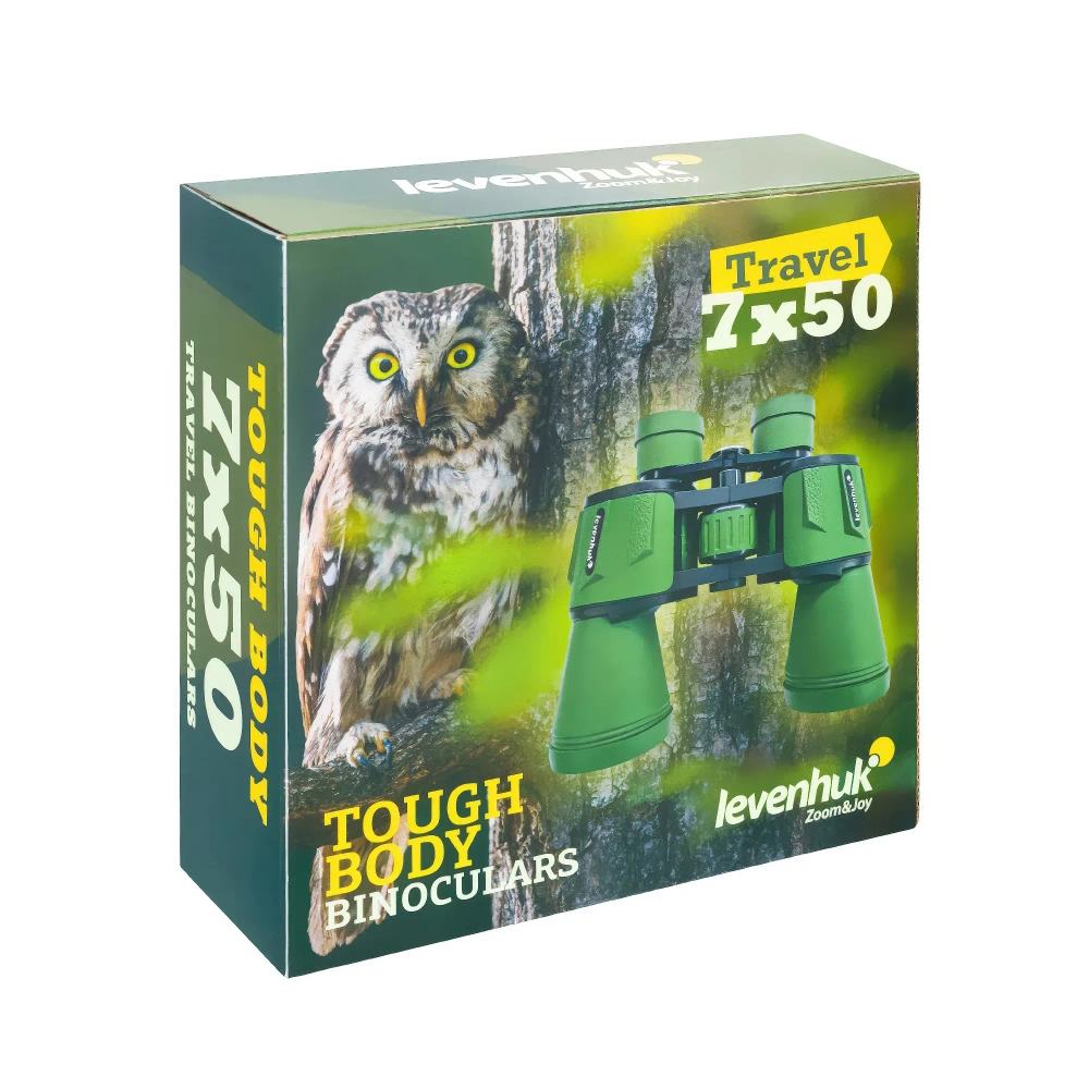 Упаковка бинокля Levenhuk Travel 7x50 с изображением совы