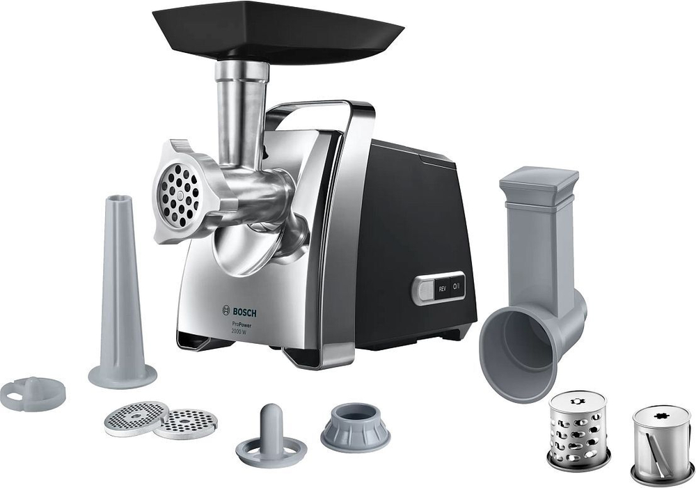 Мясорубка электрическая BOSCH MFW67440, 700 Вт, 3.5 кг/мин, 7 насадок, 1 скорость, реверс, серебристая/чёрная