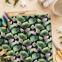 Ткань ниагара мягкие розовые кувшинки на тёмно-зелёном фоне