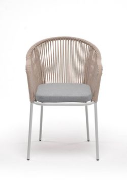 "Лион" стул плетеный из роупа, каркас из стали светло-серый (RAL7035) муар, роуп бежевый круглый, ткань светло-серая