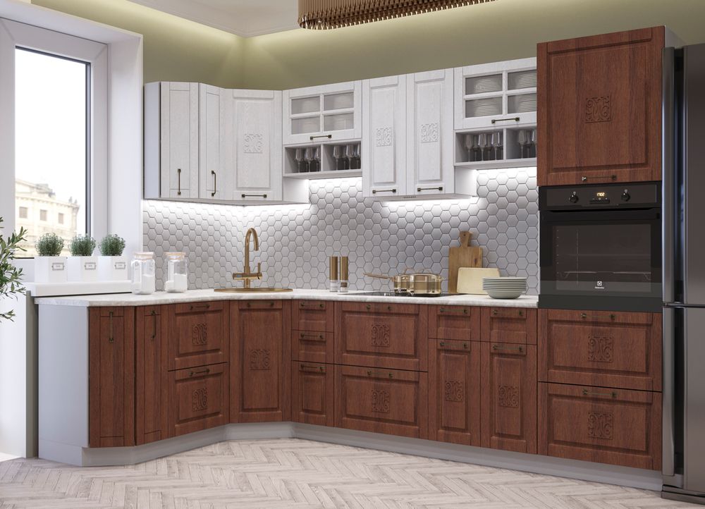 Модульный кухонный гарнитур «Опера» 2100/900 (Белый патина/Шоколад), ЛДСП/МДФ, ДСВ Мебель