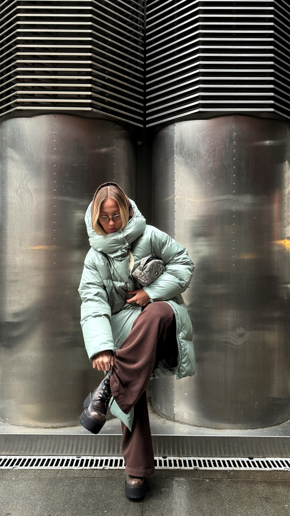 MIDI пуховик с объемным капюшоном, Green Iceberg🍃🍃🍃