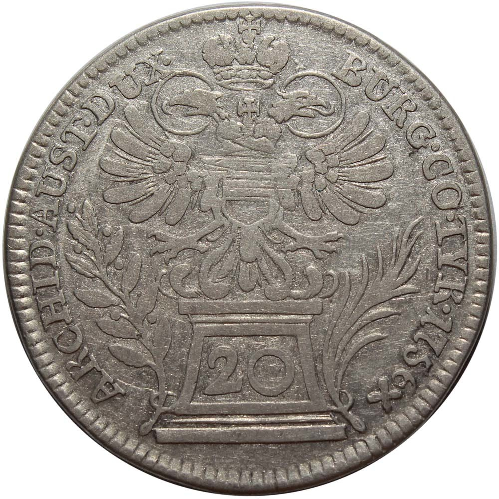 20 крейцеров. Мария Тереза. Австрия. Серебро. 1756 год. F+