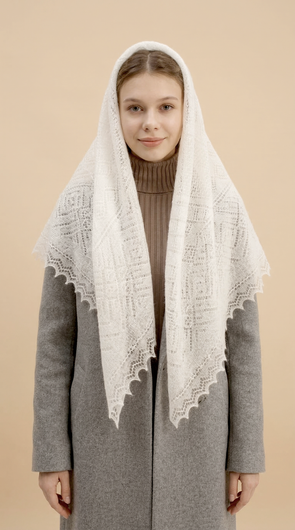 Оренбургский пуховый платок-паутинка с шелком АШ120-02 экрю