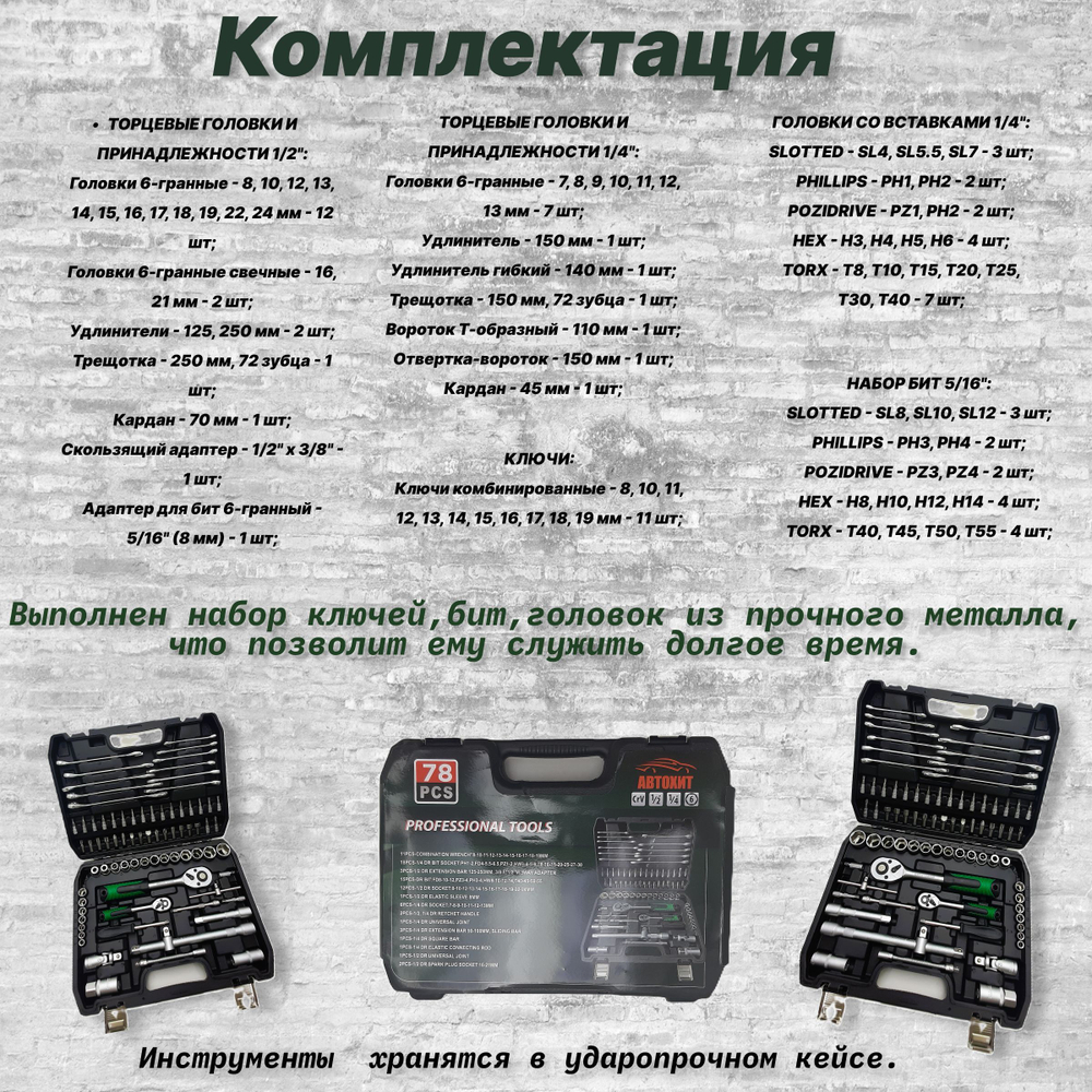 Набор инструментов, ключей, для автомобиля, сто, дома, ремонта / 78 предметов в кейсе