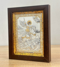 Георгий Победоносец, икона прямоугольная в рамке под стеклом, красное дерево 232х280