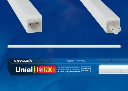 ULI-E01-14W/DW/K WHITE  Светильник линейный светодиодный (аналог T5), c выключателем. Дневной свет (6000K). 1200Лм. Корпус белый. ТМ UNIEL