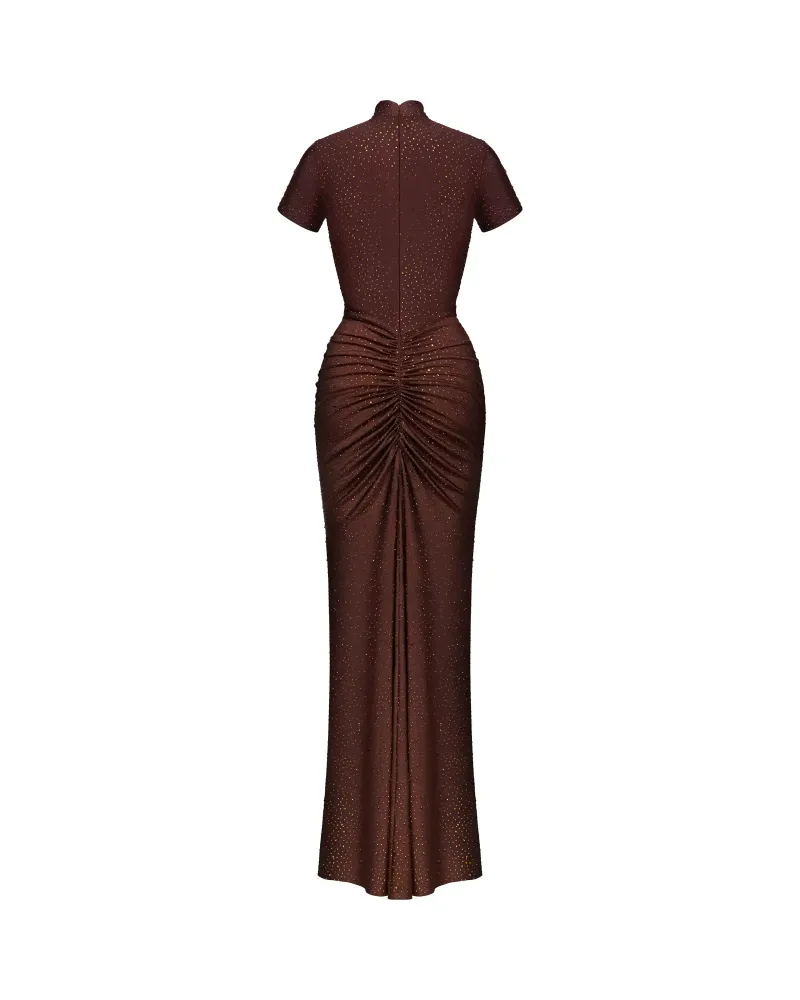 Amanda, платье макси с коротким рукавом из шоколадного бифлекса со стразами