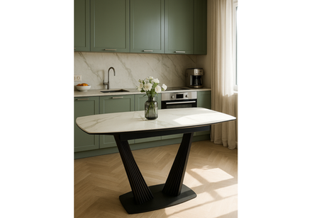 Керамический стол Woodville Вейл 140(180)х80 белый мрамор snow white, черный, ножки черные