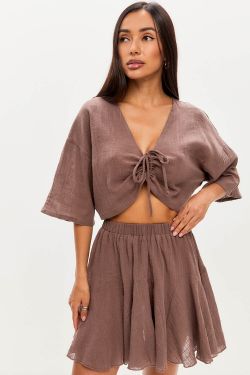 Юбка мини из хлопка stone wash шоколадного цвета