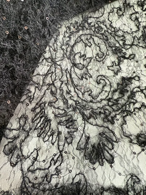 Гипюр кружевной с вышивкой "веревочка" и пайетками, арт.30, Китай, черный