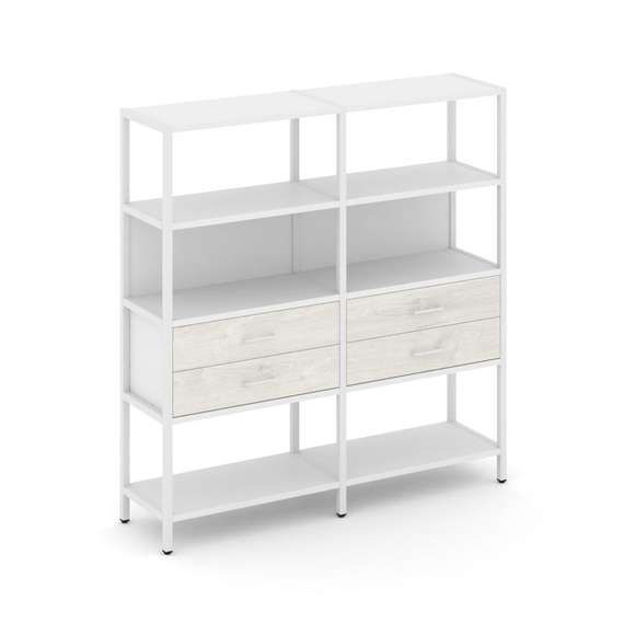 Shelf System Двухсекционный стеллаж четырехярусный с ящиками SN.STM-422 Белый/Дуб Наварра/Металл Бел