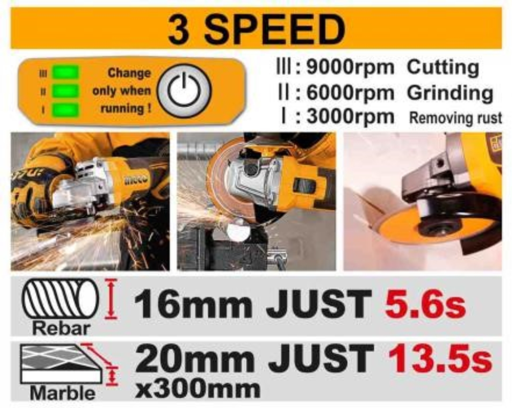 Аккумуляторная угловая шлифовальная машина (УШМ) INGCO CAGLI221253 INDUSTRIAL 20 В 125 мм
