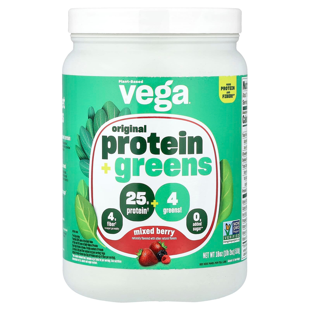 Vega, оригинальный растительный протеин и зелень, со вкусом ягодного ассорти, 510 г (1 фунт, 2 унции)