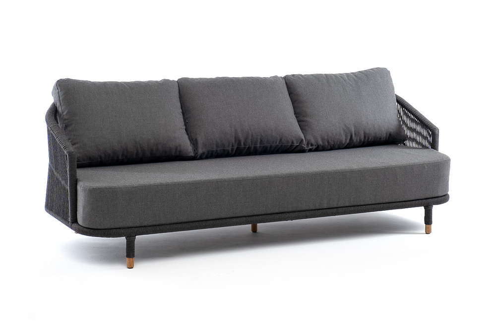 "Верона" диван 3-местный плетеный из роупа, каркас алюминий темно-серый (RAL7024) муар, роуп темно-серый круглый, ткань темно-серая 027