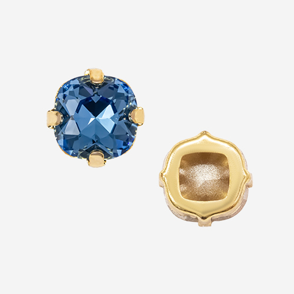 Кристалл Кушон (Сushion) в цапах, оттенок "Sapphire", 9,2мм, позолота
