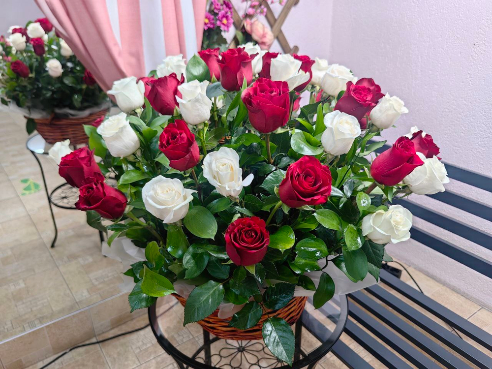 Композиция с 51 белой и красной розой в корзине (Эквадор 60 см)
